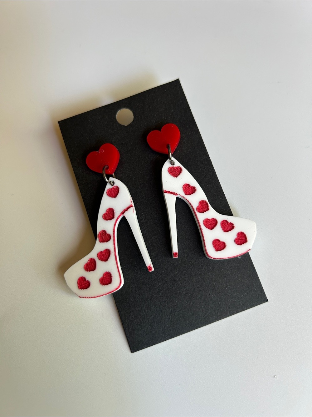 Stiletto High Heel Dangle Earrings White with Red Hearts Valentine Anniversary